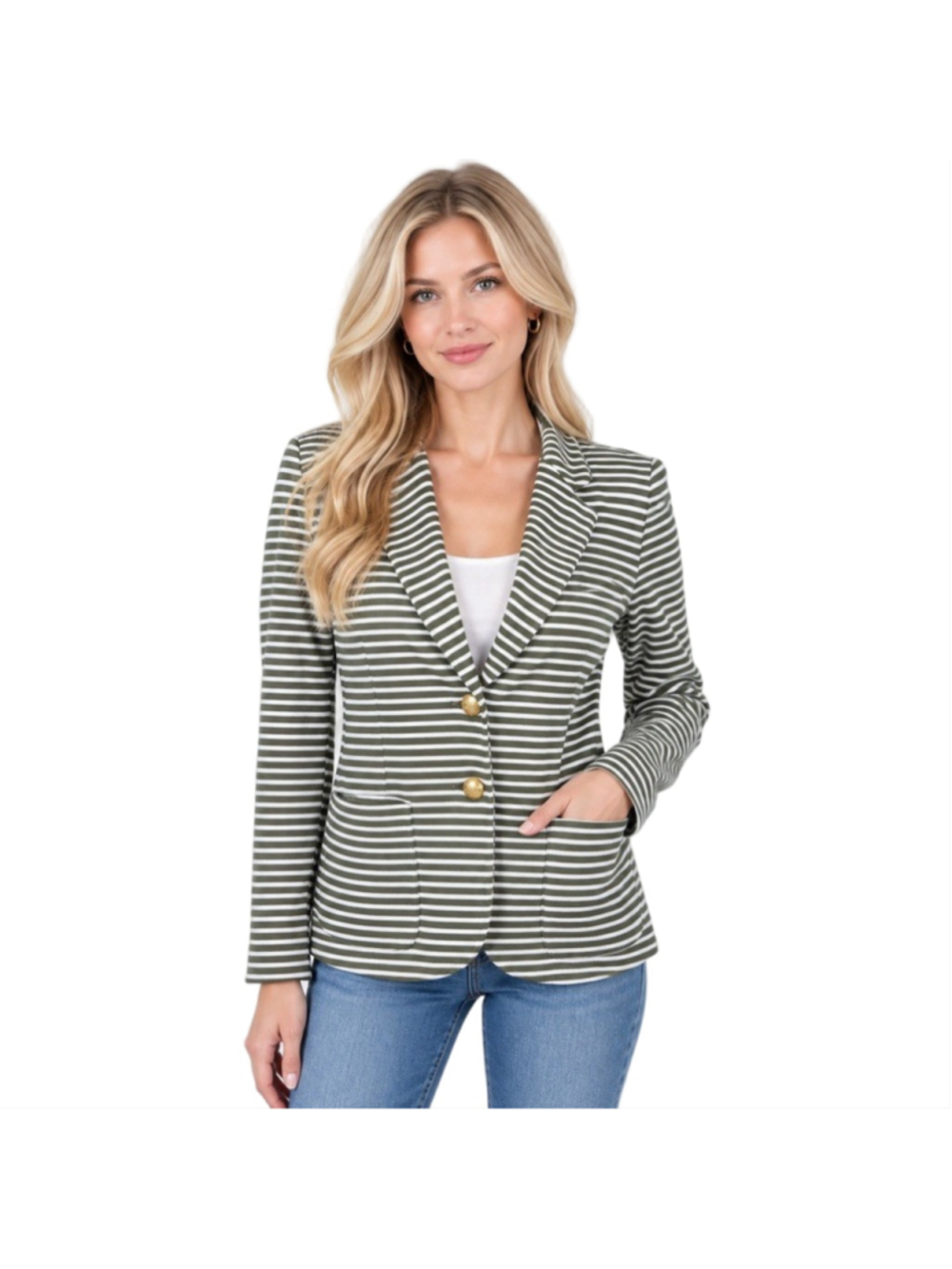 Lauren Ralph Lauren Olive Stripe Knit Blazer Gold Crest Button Nautical Preppy L